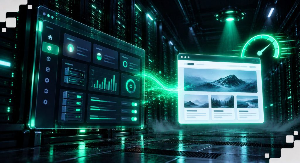 Панель управления CyberPanel и сайт на WordPress со значком скорости и замком