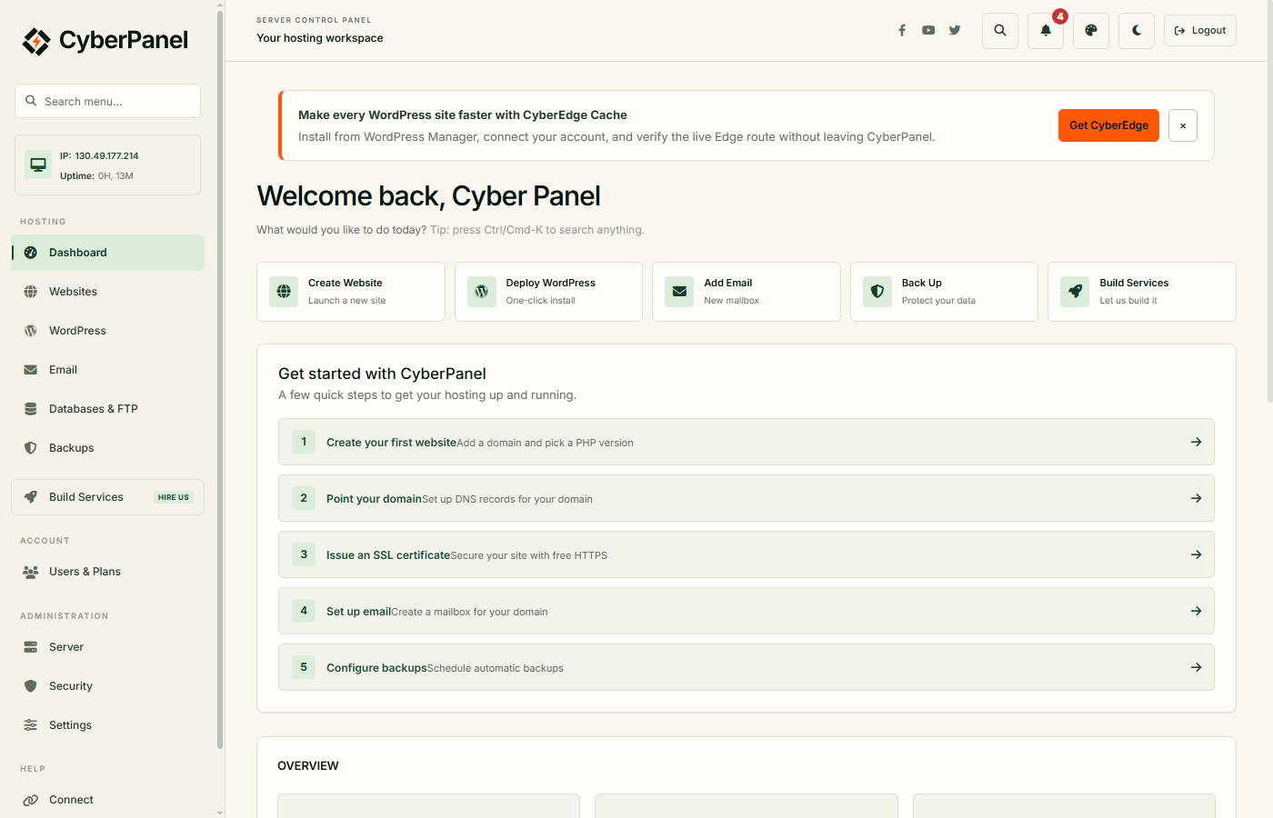 Главная страница CyberPanel с меню слева и блоком быстрых действий