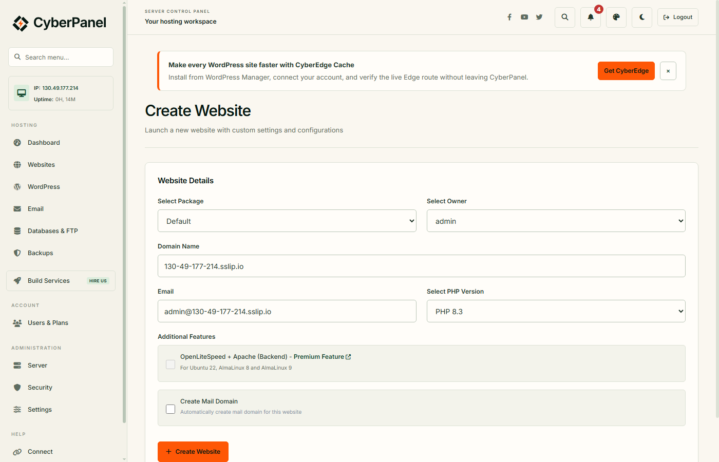 Форма создания сайта в CyberPanel: пакет Default, владелец admin, домен, e-mail, PHP 8.3