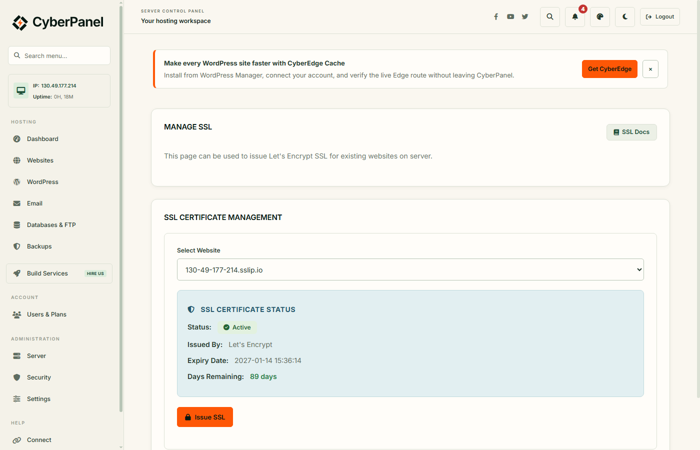 Страница Manage SSL: статус сертификата Active, выдан Let's Encrypt, осталось 89 дней