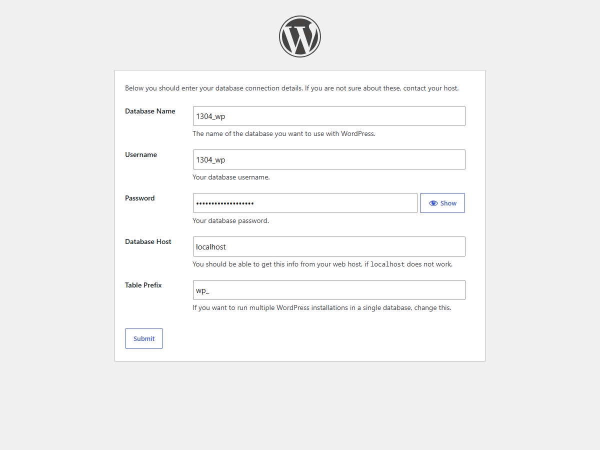 Форма подключения WordPress к базе данных: имя базы, пользователь, пароль, хост localhost