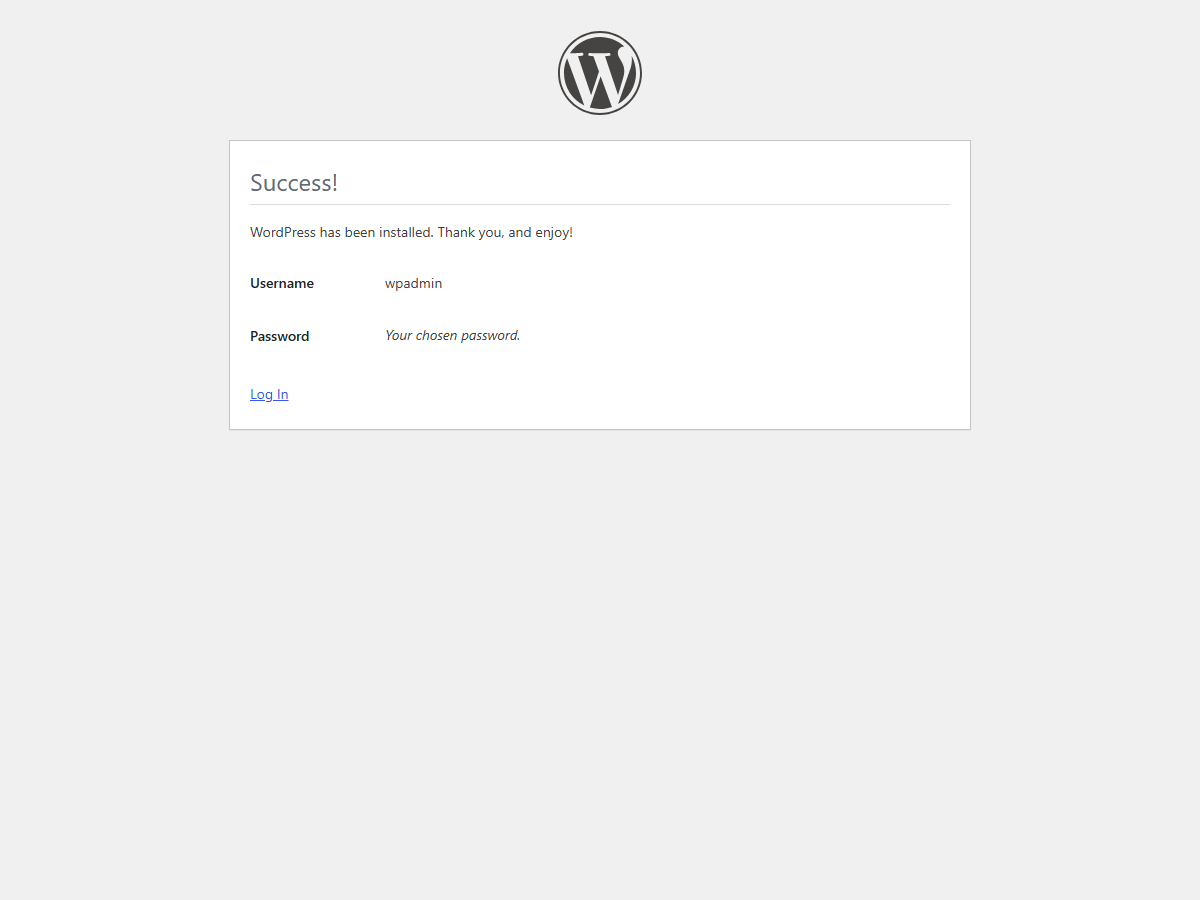 Страница Success: WordPress установлен