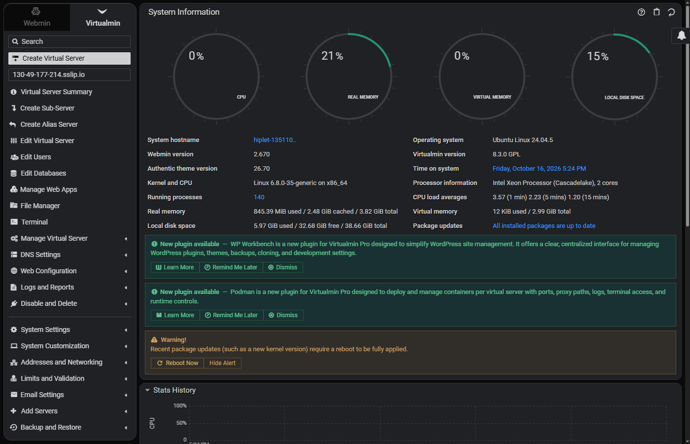 Форма входа Virtualmin: логин root и пароль