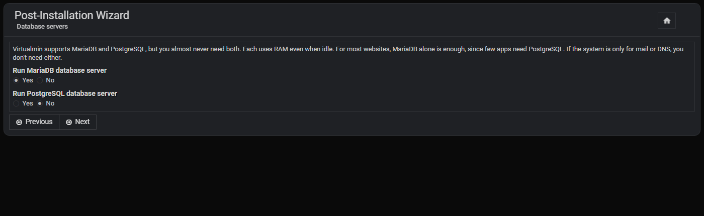 Экран Database servers в мастере Virtualmin: MariaDB Yes, PostgreSQL No