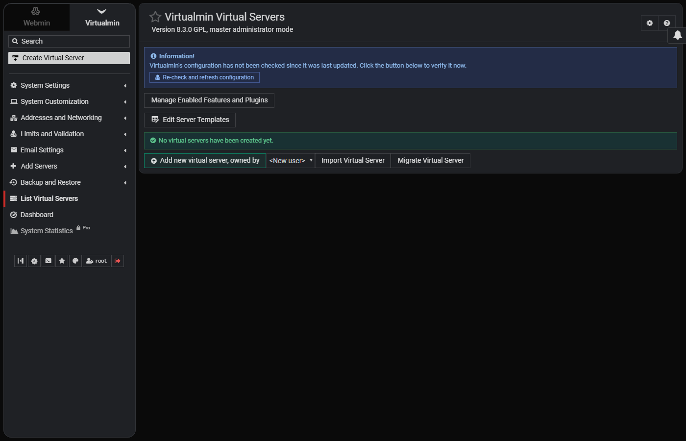 Главная страница Virtualmin 8.3.0 GPL: список виртуальных серверов пуст