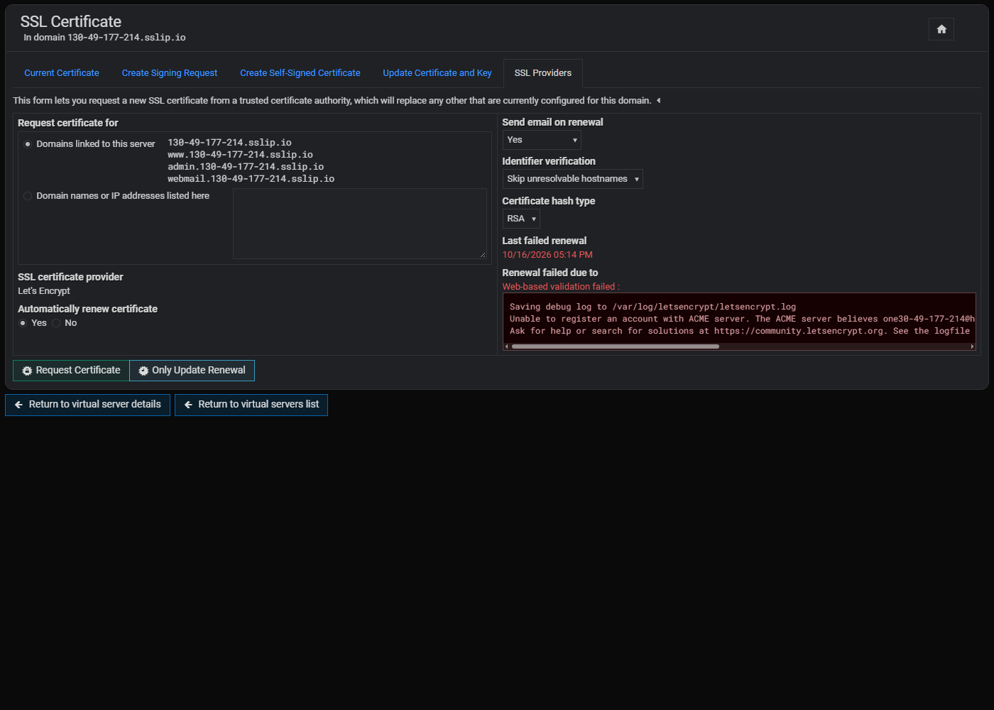 Вкладка SSL Providers: домены, провайдер Let's Encrypt, автоматическое продление Yes