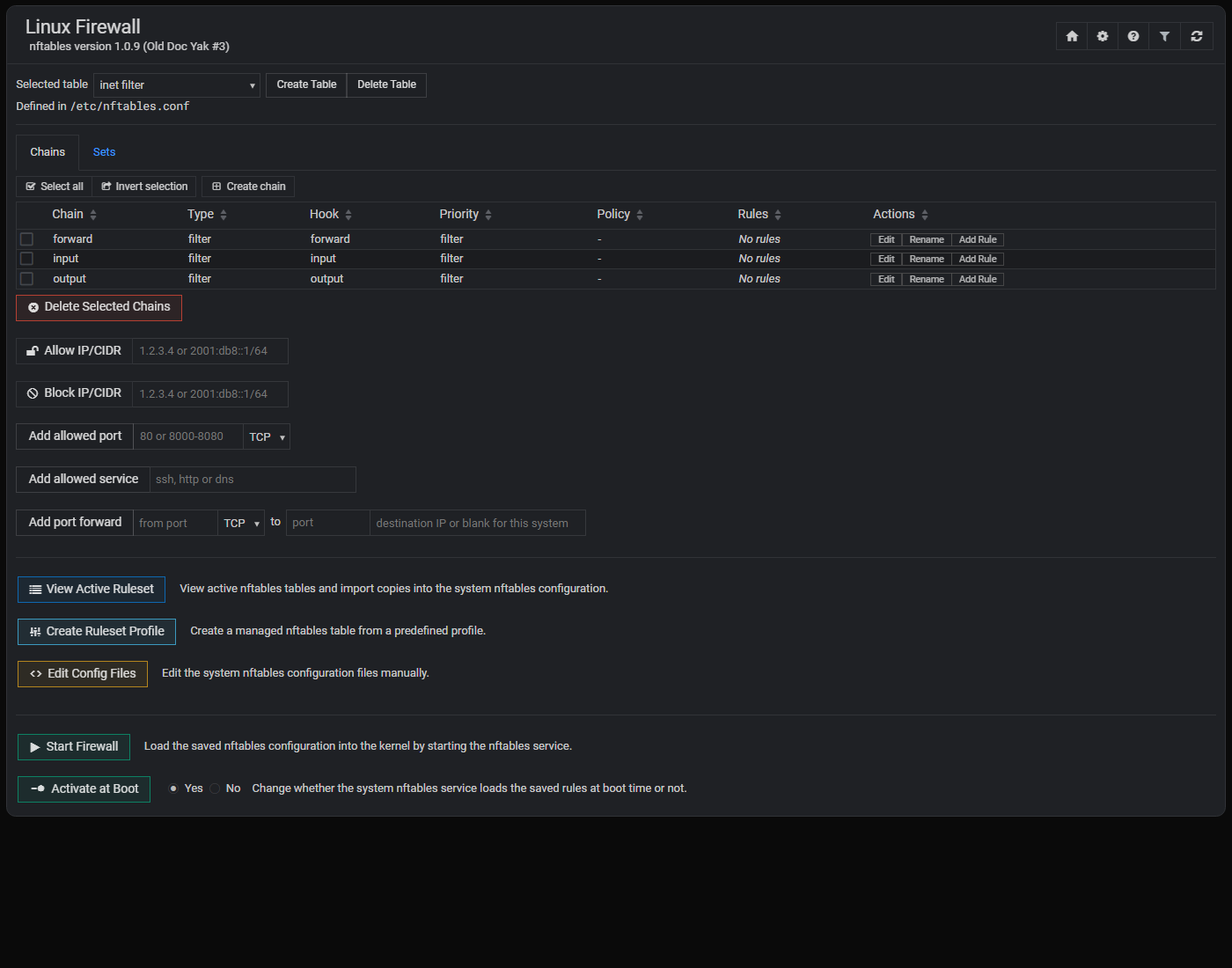 Страница Linux Firewall в Webmin: выбор таблицы, цепочки, кнопки просмотра ruleset